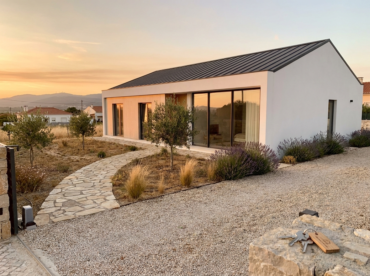 Casa moderna LSF acabada com jardim Mediterrâneo