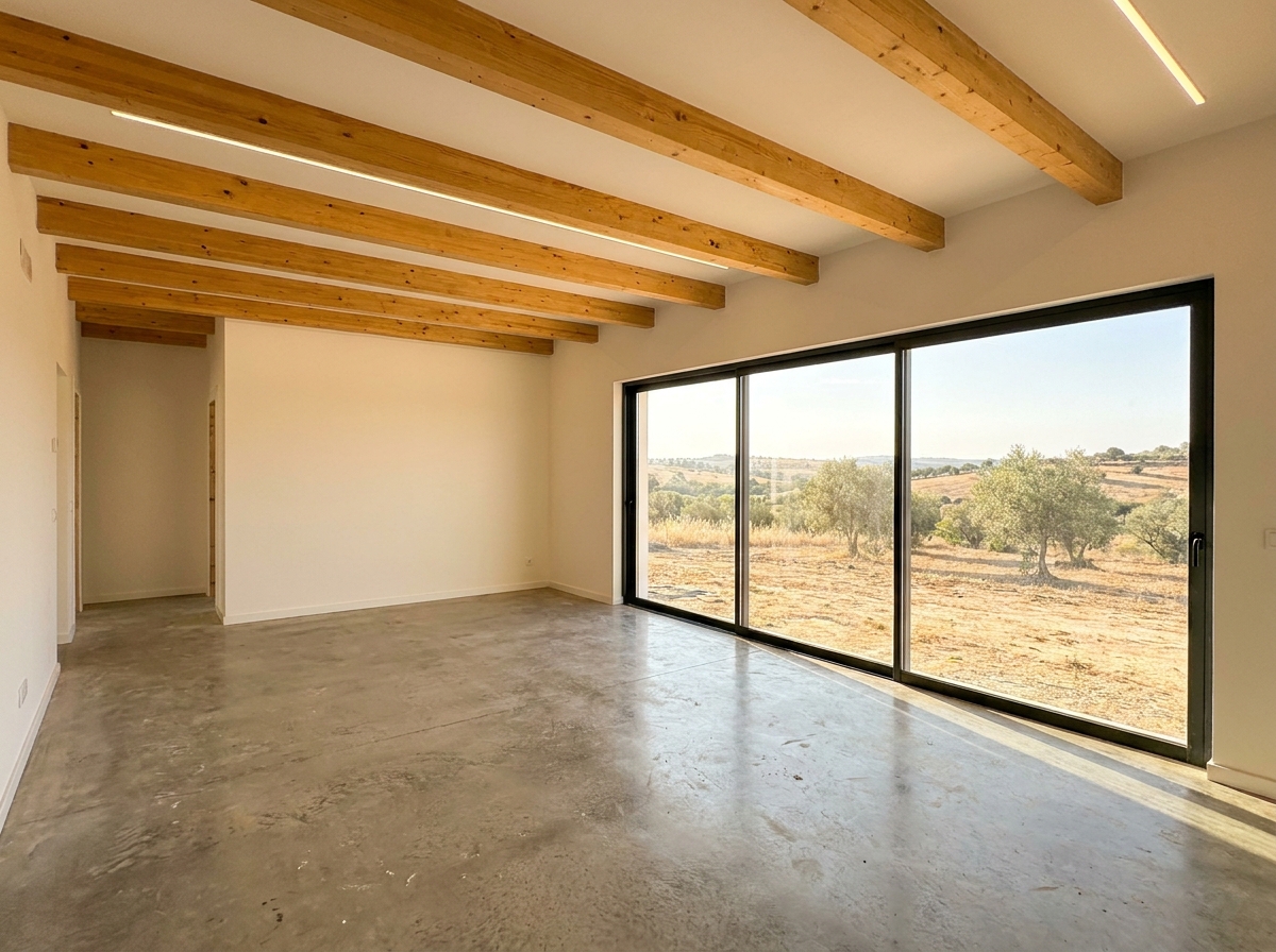 Sala interior em casa LSF com tecto exposto — vista panorâmica