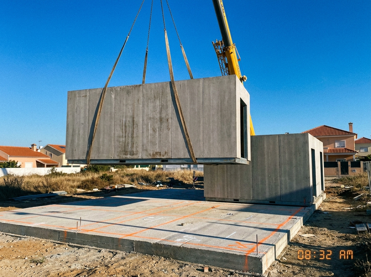 Módulo LSF içado por grua em obra