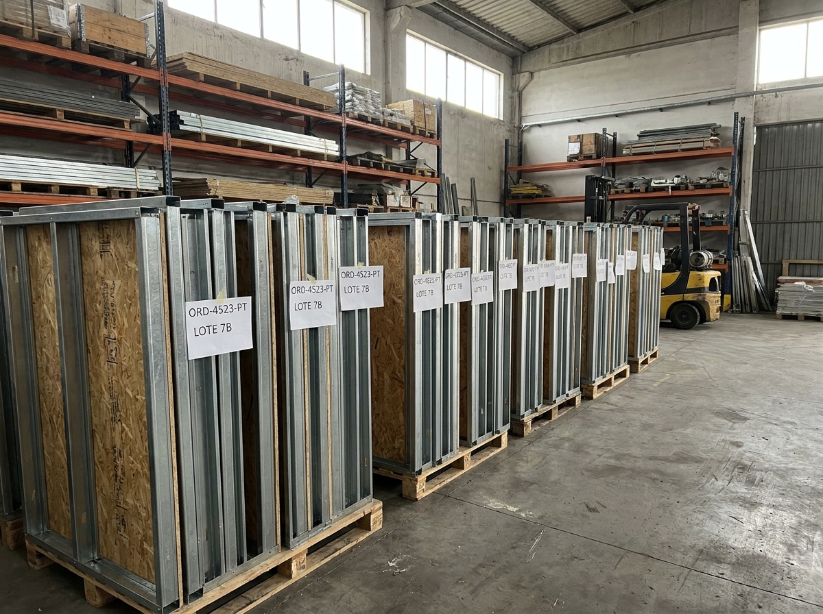 Painéis LSF 2D armazenados em fábrica
